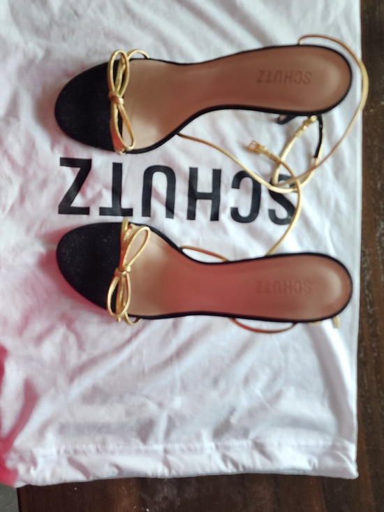 SCHUTZ Shoes - Schutz Black Heeled Sandals with Gold Bow and Ankle Tie